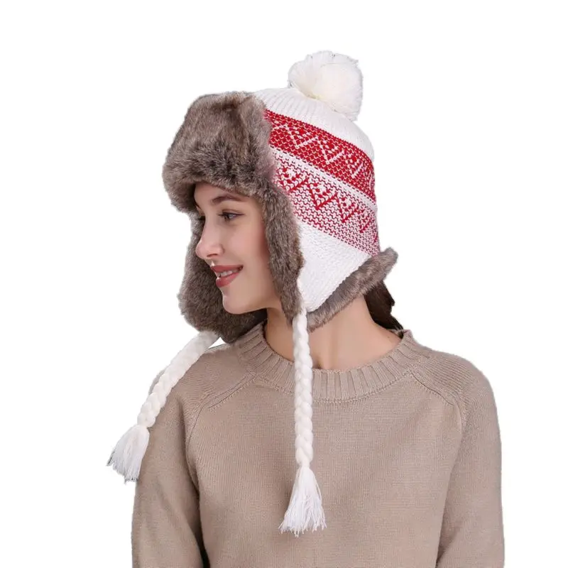 White(wavy) 11 Styles Women Winter Thicken Lining Earflap Hat Knitted Contrast Color Snow Ski Beanie Cap Pompom Ball Long Tassels Ear Warmer - Цвет: White(wavy)