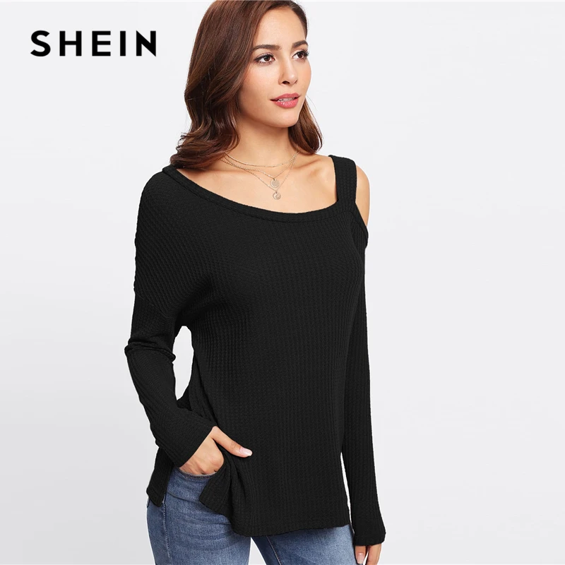 SHEIN Повседневный Топ С Открытым Плечом, Джемпер В Рубчик С Длинным Рукавом, Джемпер В Стиле Кэжуал