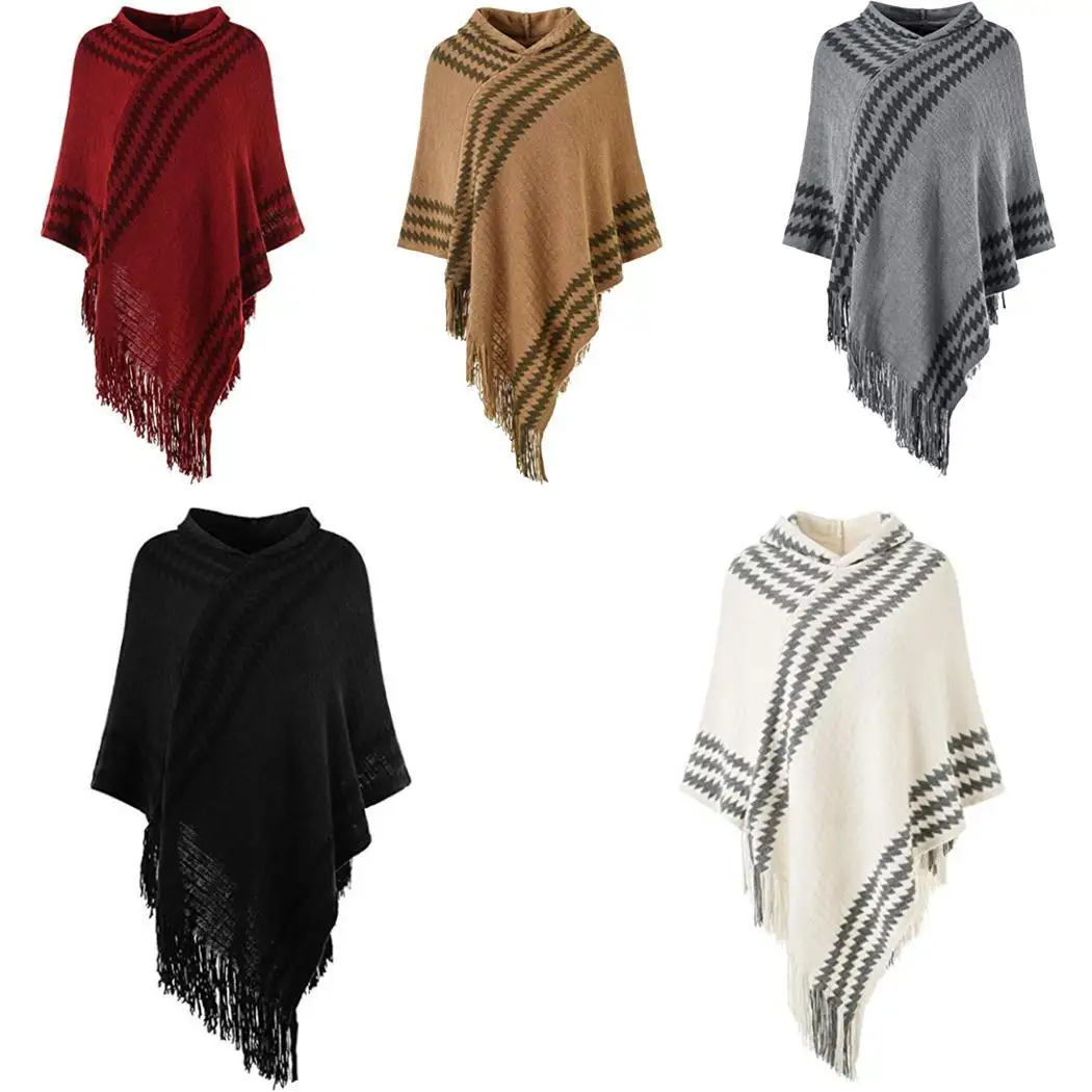 Women Casual Hooded Geometric Tassel Knit Cape Scarf | Аксессуары для одежды