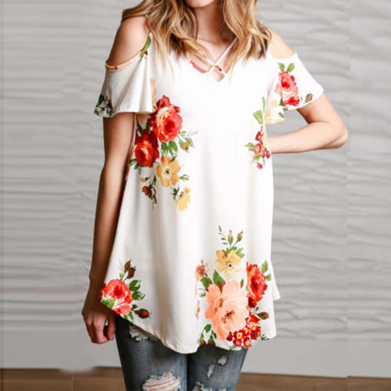 2017 Fashion Floral Print Off Shoulder T-shirts Women Female Summer Top Casual Big Size Cross V Neck Tee Shirt Femme Tshirt | Женская