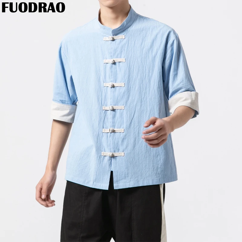 Рубашка FUODRAO хлопковая льняная мужская с коротким рукавом китайская Tang Shuit