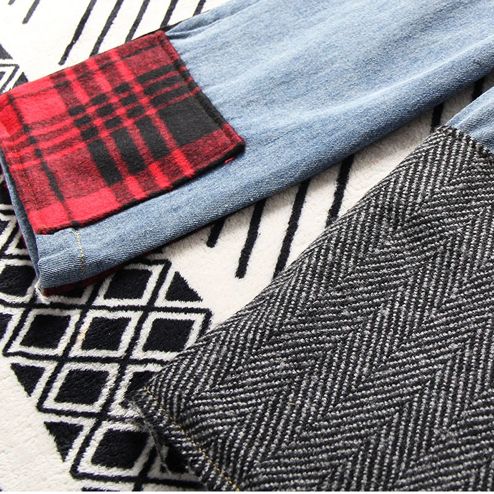 LXUNYI Подиумные джинсы с вышитым бисером поясом женские лоскутные высокой талией