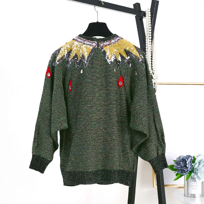 2018 Exquisite beaded metal texture embroidered pullover sweater winter women's long-sleeved S-L | Женская одежда