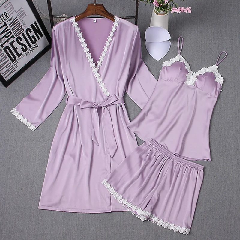 Женское сатиновое кимоно пижама Шорты пижамные наборы 3 шт. шелковые ночнушки