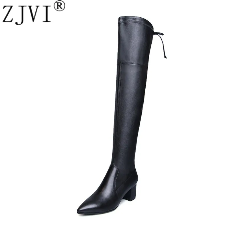 

ZJVI Women Genuine Leather Thigh High Boots Womens Autumn Stretch Over The Knee Boots 2022 Pointed Toe Square Heels Woman Shoes