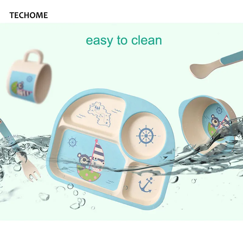 Детская посуда 5 шт./компл. тарелка из бамбукового волокна чашка ложка вилка набор