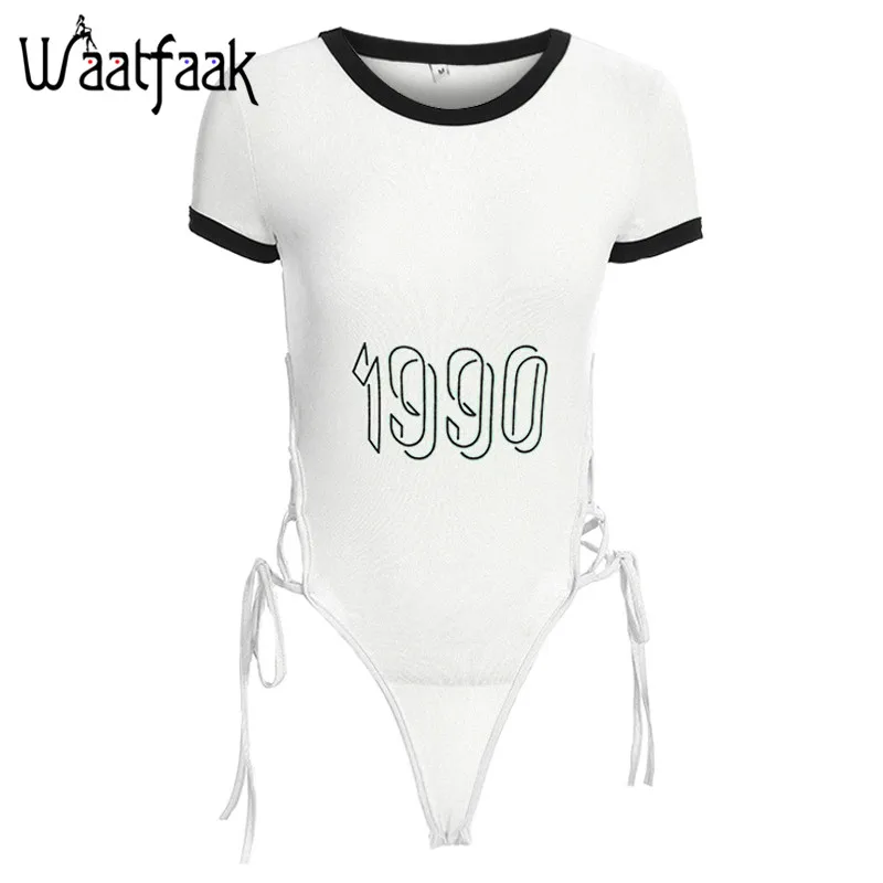 White bodysuit Waatfaak, женский комбинезон с боковой повязкой, короткий, с принтом в виде цифр, с вырезами, с круглым вырезом, короткий, сексуальный, боди для женщин, бодикон, обтягивающий, летний - Цвет: White bodysuit