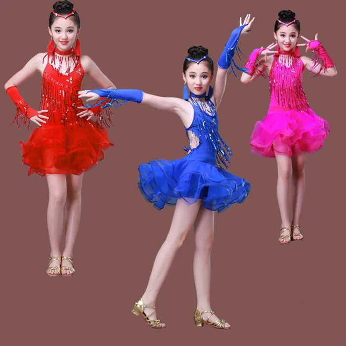 

The new children's Latin dance skirt costumes girls sequins Latin veil tassel rhinestones dance performance clothing