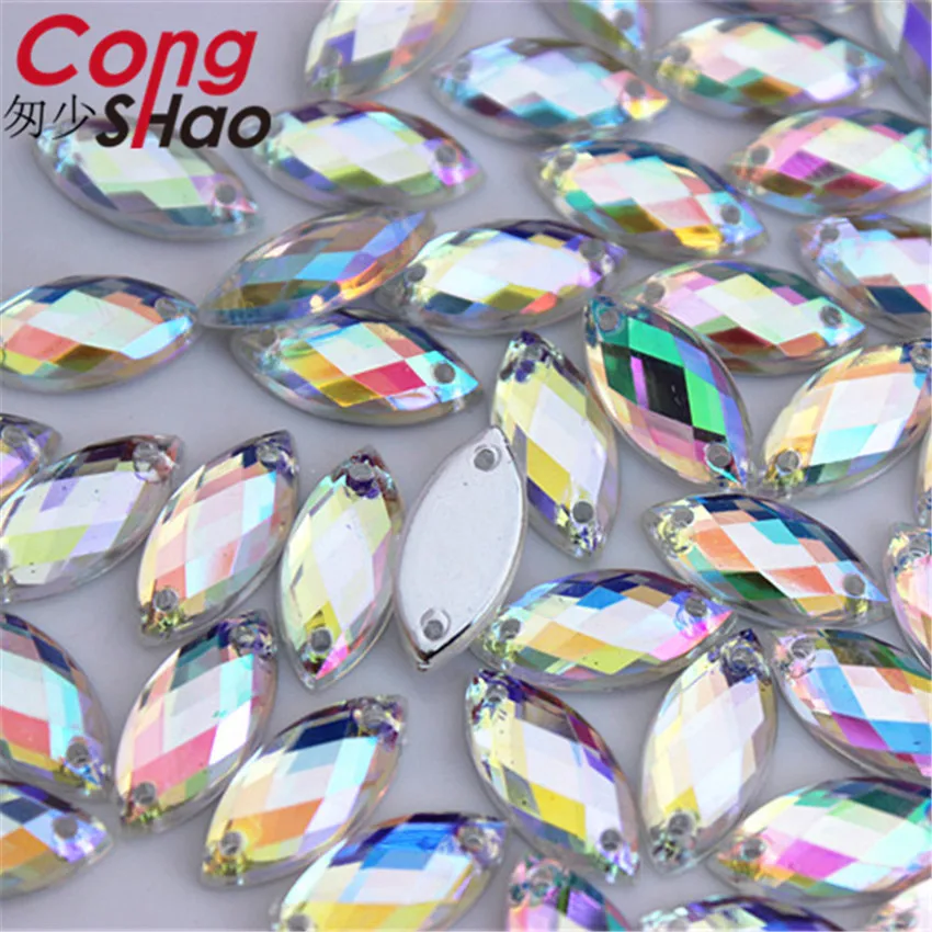Прозрачные стразы Cong Shao 300 шт. 7*15 мм AB для шитья с плоской задней стороной пуговицы