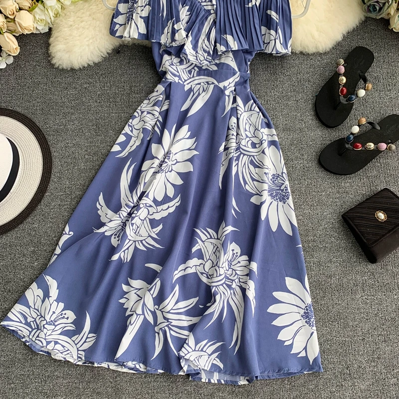 ALPHALMODA с открытыми плечами плиссированная отделка дамское сексуальное летнее платье на бретельках с высокой талией до середины икры женское пляжное праздничное платье с цветочным принтом