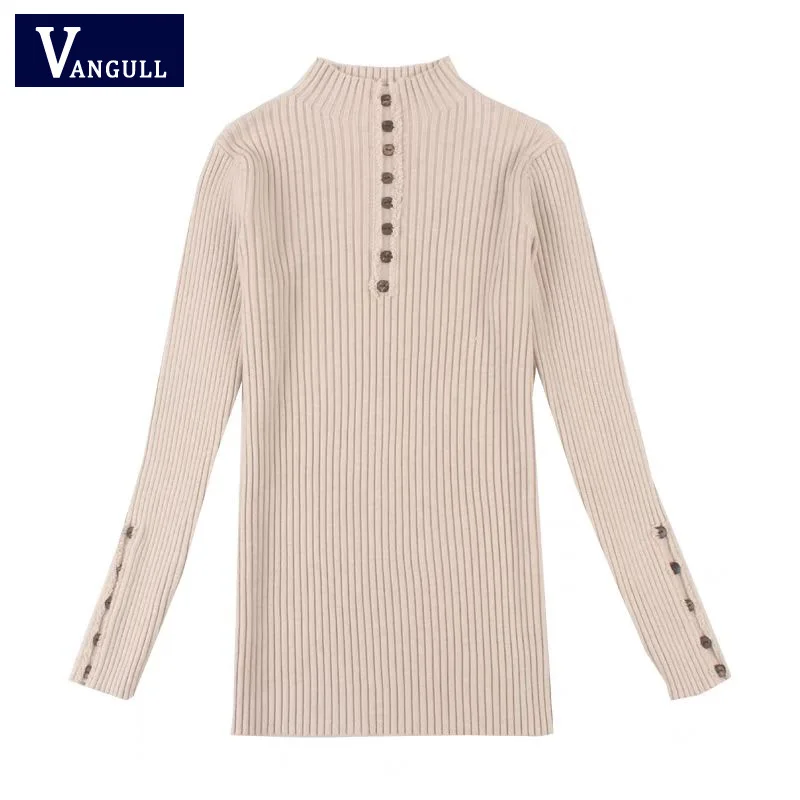 

Vangull Button Women Sweater Solid Turtleneck Pullovers 2019 Autumn Winter Casual new Slim Long Sleeve Bottoming Knitted Sweater