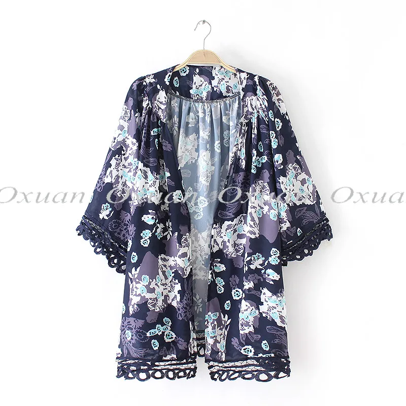 Летний стиль женское кимоно кардиган модные новые шифоновые шали с рисунком топы