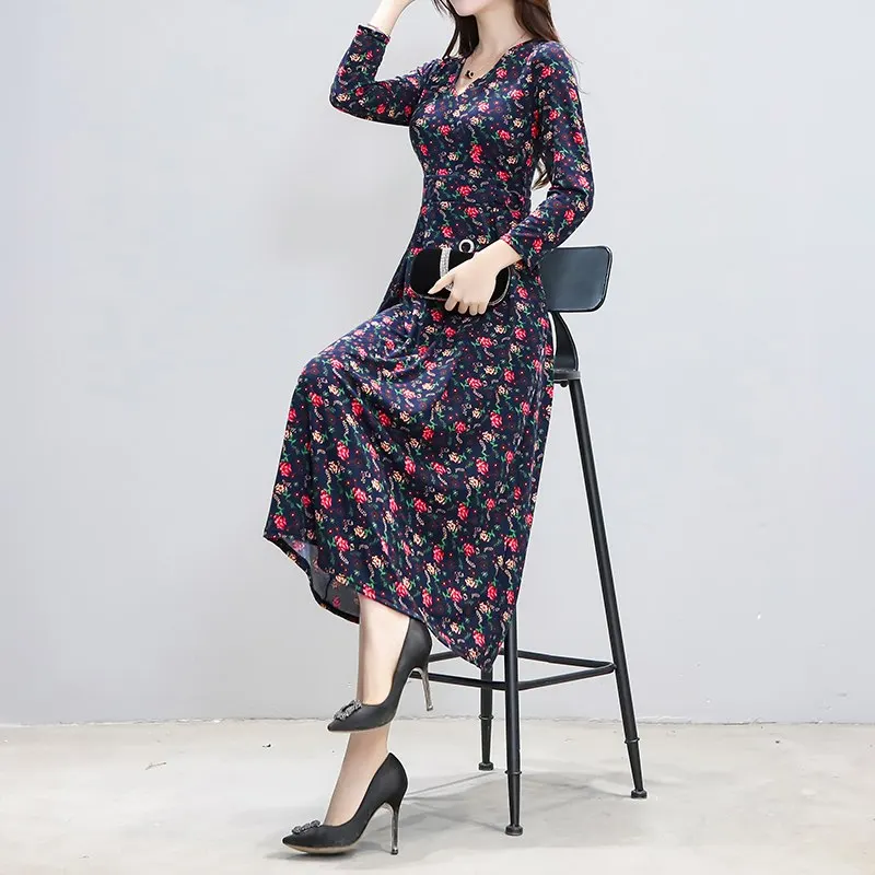 Корейская мода женское v образный вырез цветочный принт платье 2019 Весна Осень с длинным рукавом Длинные