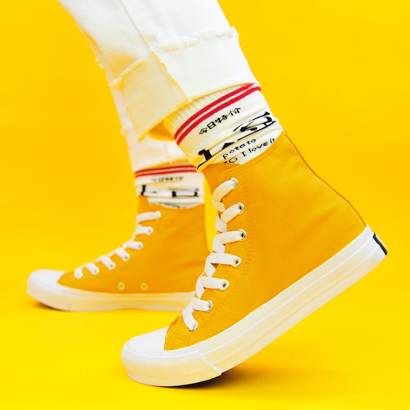Кеды Вэнь высокие повседневные холщовые кроссовки унисекс однотонные желтые