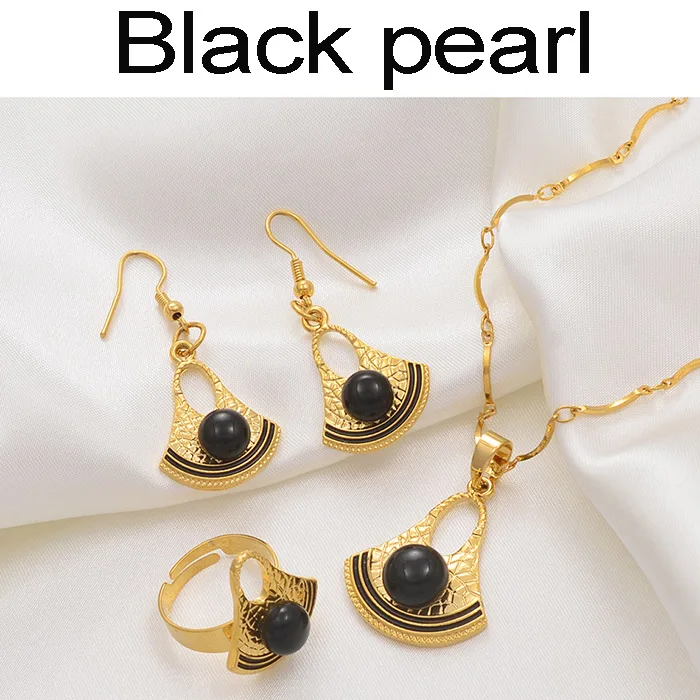 Black pearl Anniyo, черный/красный/синий/белый/серый, ожерелье с жемчугом, серьги, кольцо для женщин и девочек, Национальный ювелирный набор#213506 - Окраска металла: Black pearl
