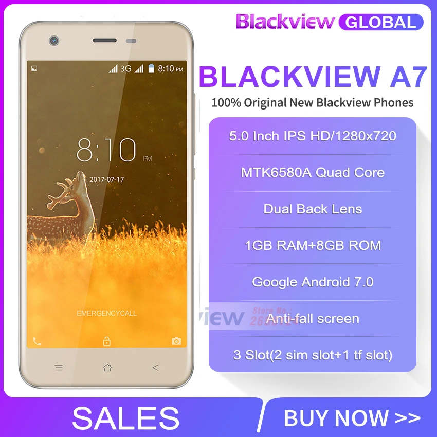 Blackview A7 мобильный телефон Android 7,0 MTK6580A четырехъядерный 5," 1 ГБ 8 ГБ 3 камеры 3g WCDMA 2800 мАч Dual SIM смартфон