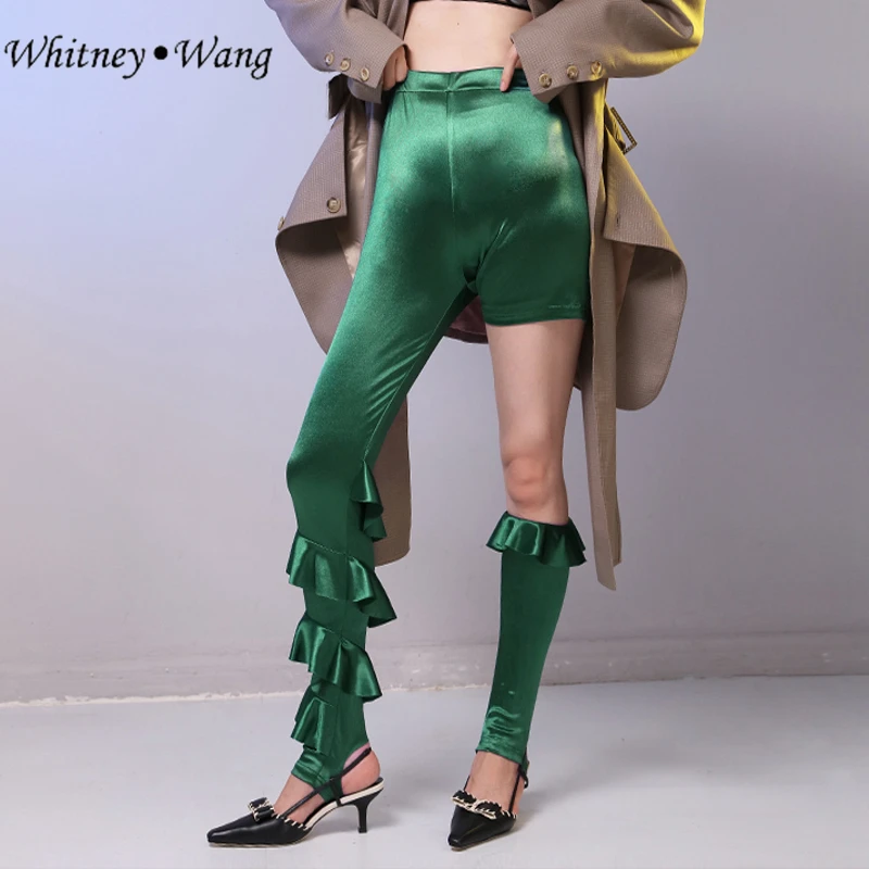 WHITNEY WANG 2018 осенние модные уличные сексуальные кружевные атласные штаны с