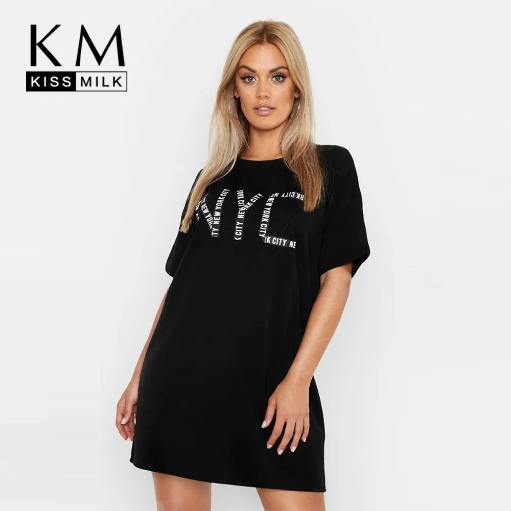 88 Kissmilk размера плюс женская одежда простая и свободная версия NYC с буквенным принтом короткий рукав круглый вырез длинная футболка - Цвет: 88