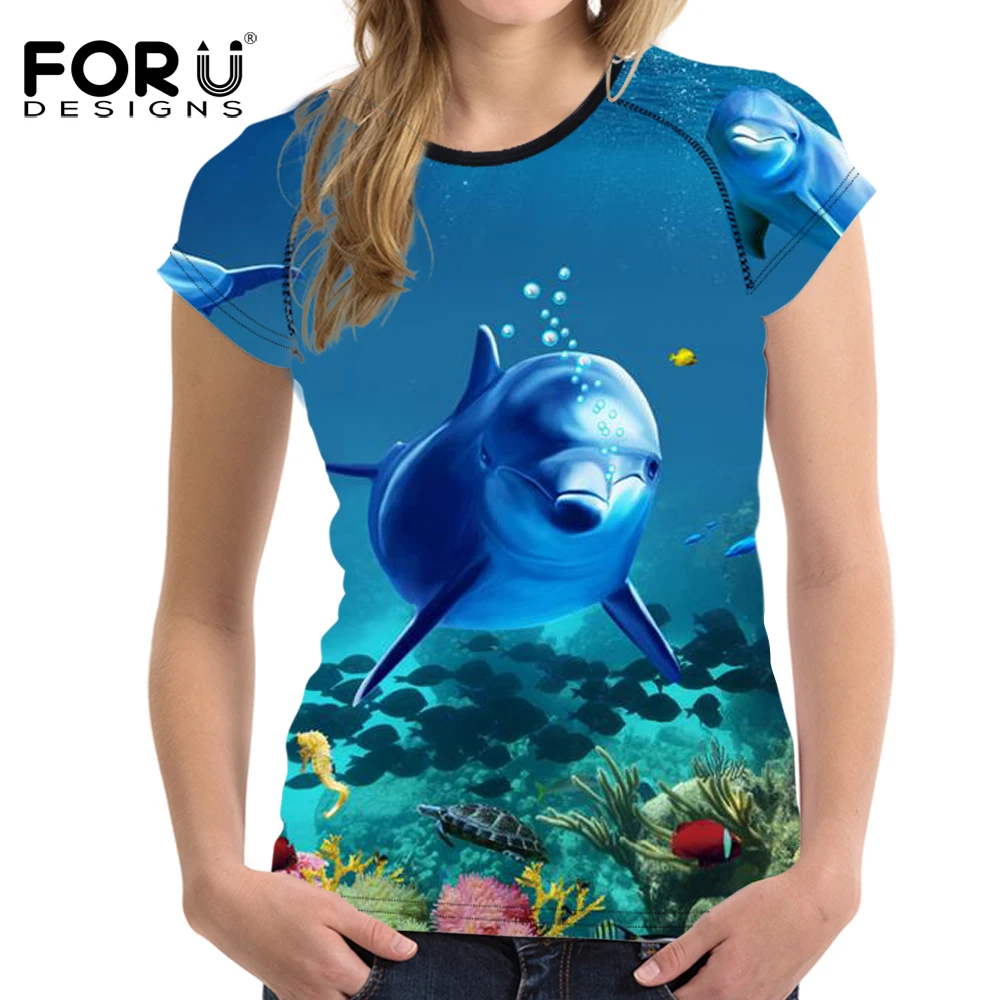 FORUDESIGNS Спортивная футболка для женщин подводная Рыба Печать короткий рукав спортивная одежда для бега фитнес футболка для женщин топы