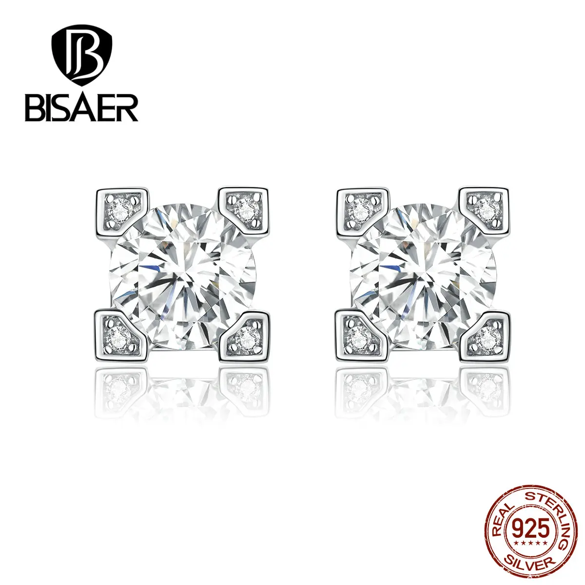 BISAER Новое поступление 925 пробы Серебряные Элегантные квадратные циркониевые серьги-гвоздики для женщин Свадебные серьги GAE192