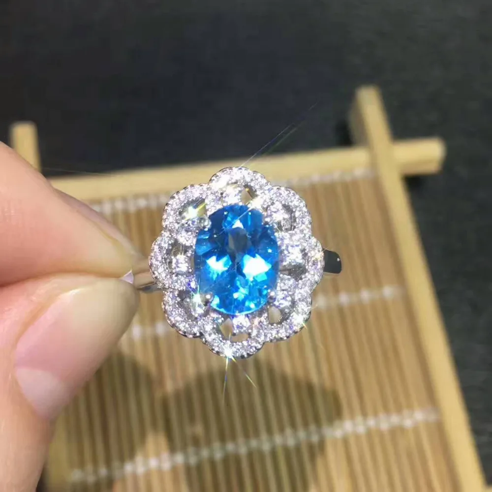 

Natural blue topaz gem Ring Natural gemstone ring 925 sterling silver trendy Round Elegant Sunflower women's girl gift Jewelry