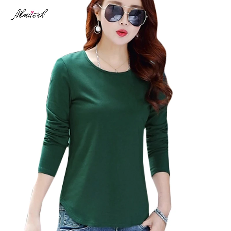 Женская футболка с длинными рукавами однотонная свободная круглым вырезом