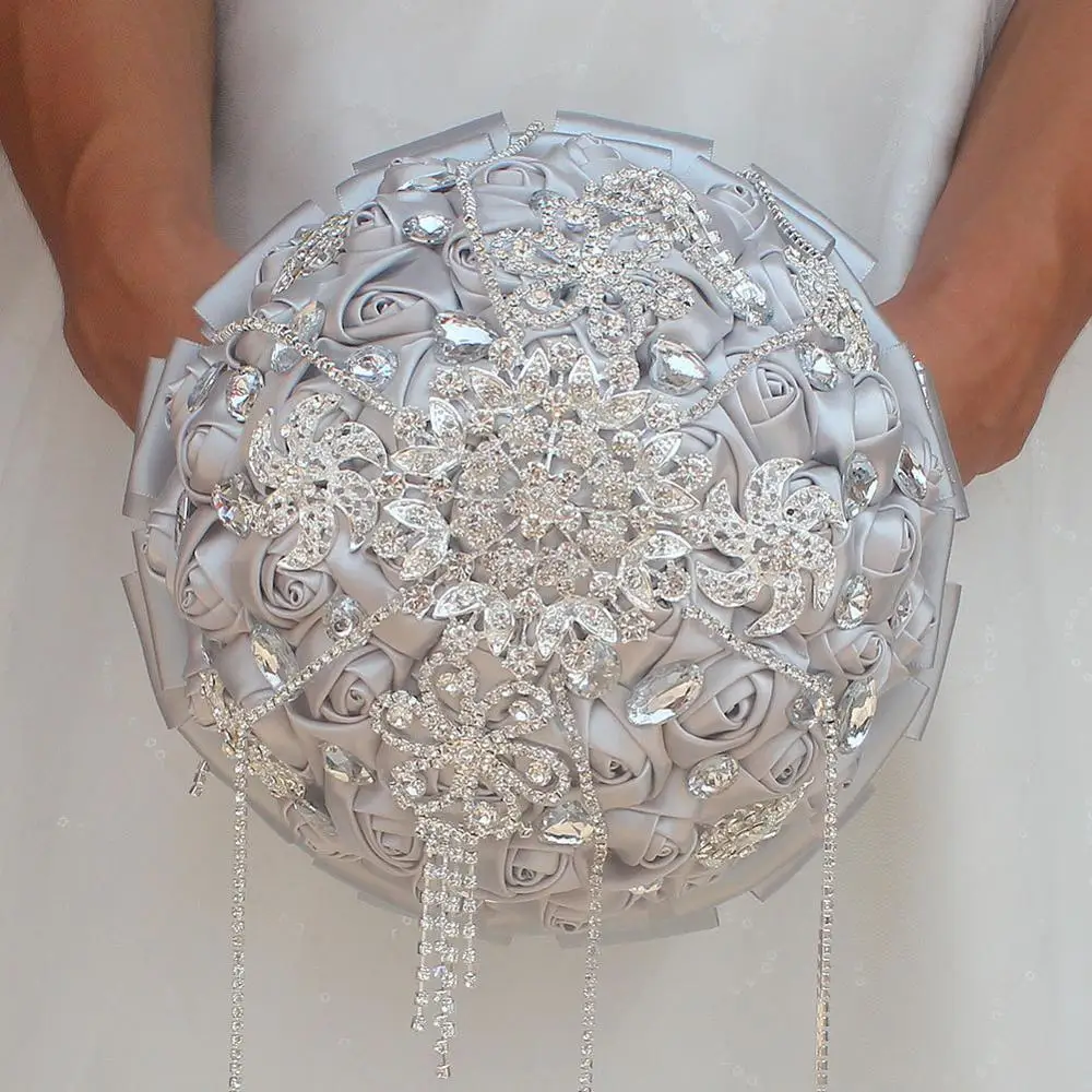 18CM Silk Rose Wedding Bouquet Crystal Brooch Bridal Rhinestone Fringe Bridesmaid Holding Flowers Multi-color Optional | Дом и сад