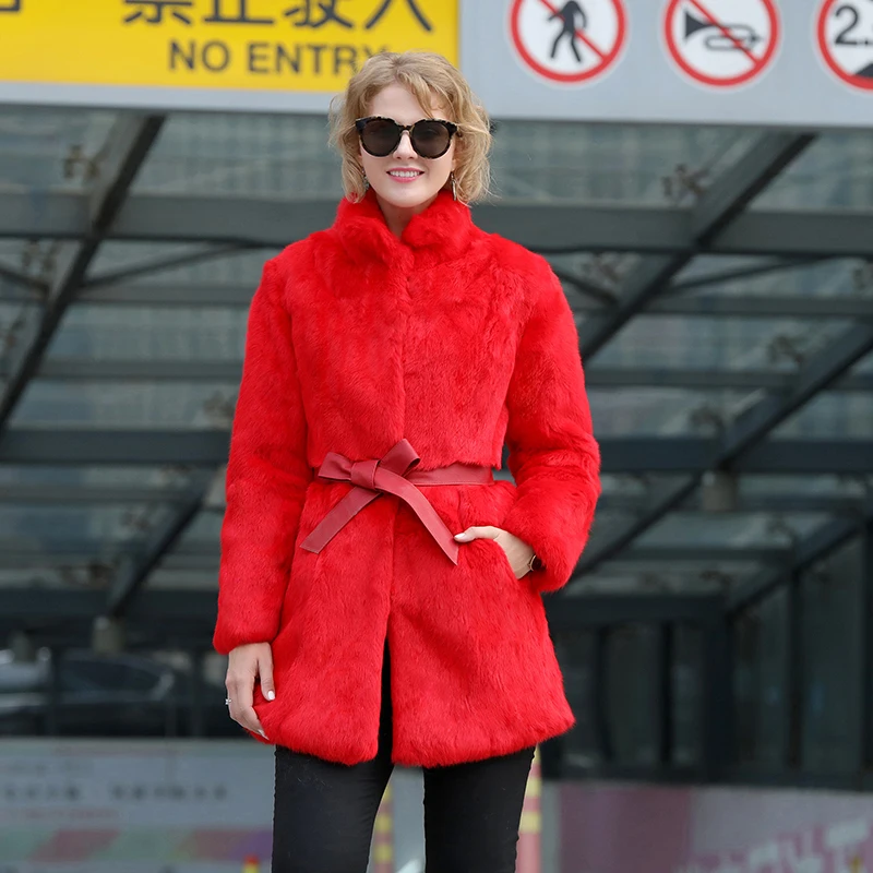 Новое поступление 2019 роскошное красное пальто из натурального кроличьего меха