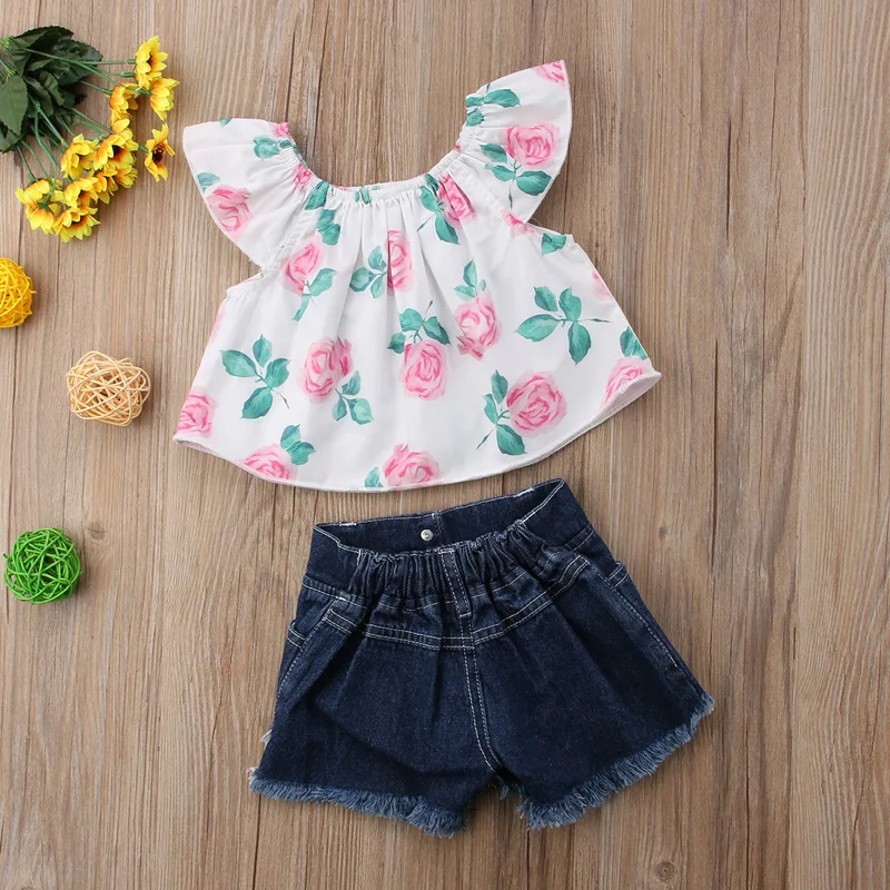 Комплект одежды для новорожденных девочек с открытыми плечами джинсовый топ
