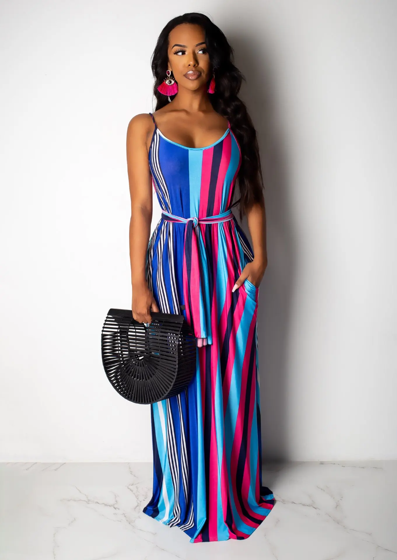 HAOOHU Радужное Полосатое сексуальное свободное платье макси женское летнее на