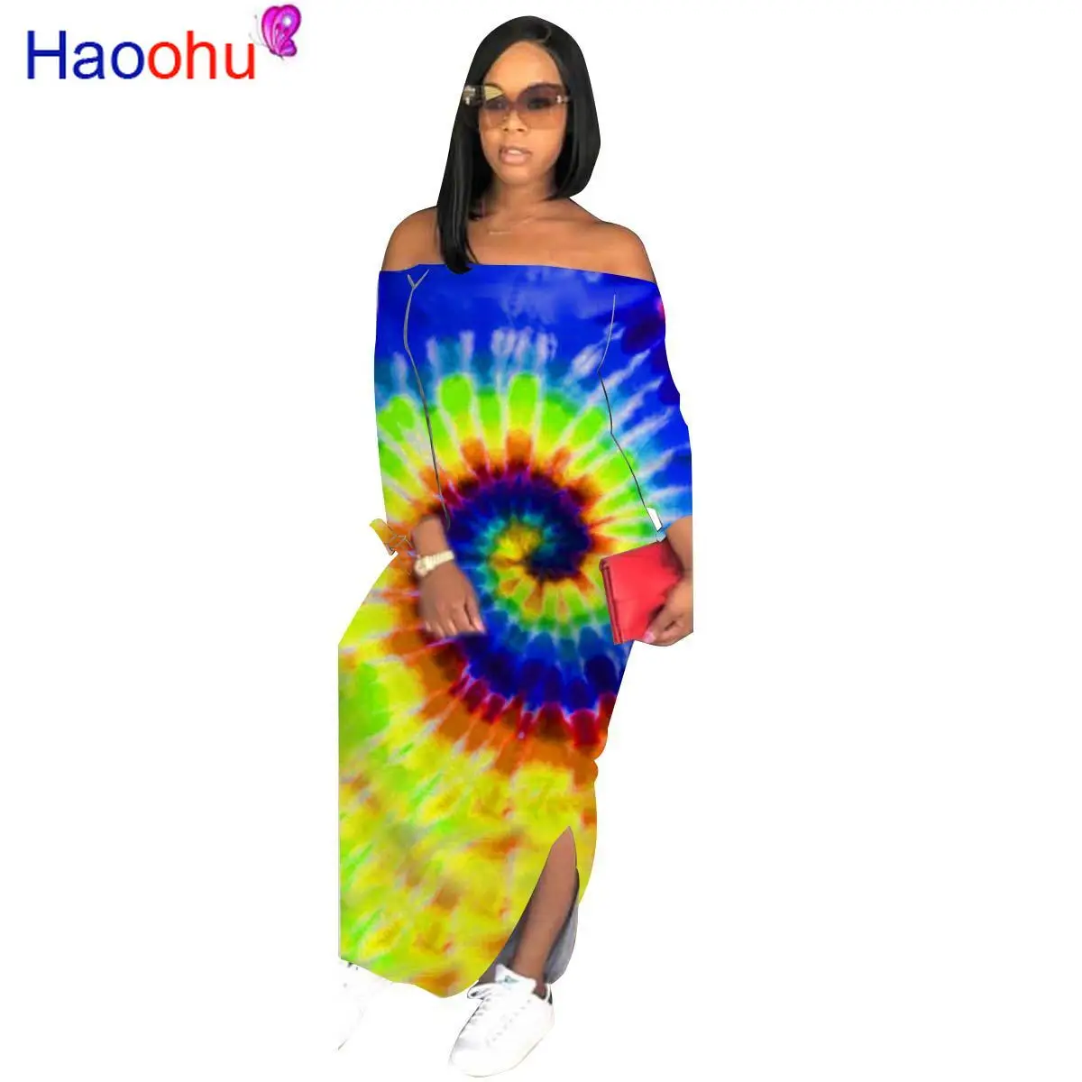 

Rainbow Tie Dye Plus Size Bohemian Dress Women Slash Neck Long Sleeve Club Party Dress Autumn Off Shoulder Side Split Maxi Dress