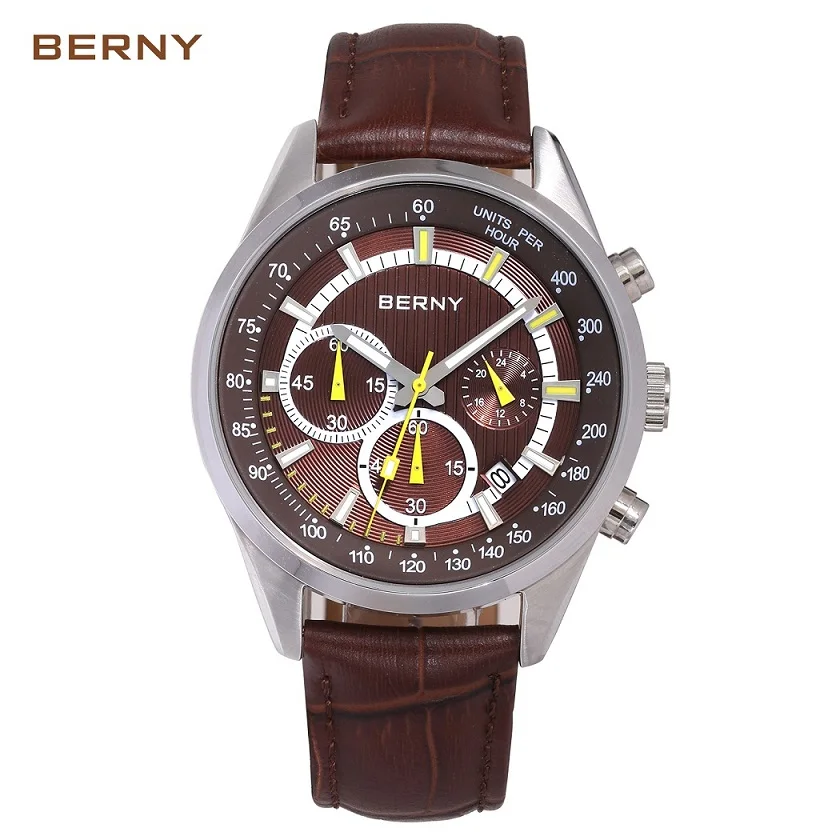 2830M-BR Мужские часы BERNY из нержавеющей стали chronograp, водонепроницаемые, высокое качество, erkek kol saati 2830 м - Цвет: 2830M-BR