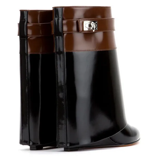 Новинка 2019 дизайнерские двухцветные кожаные ботинки с замком акулы черные и