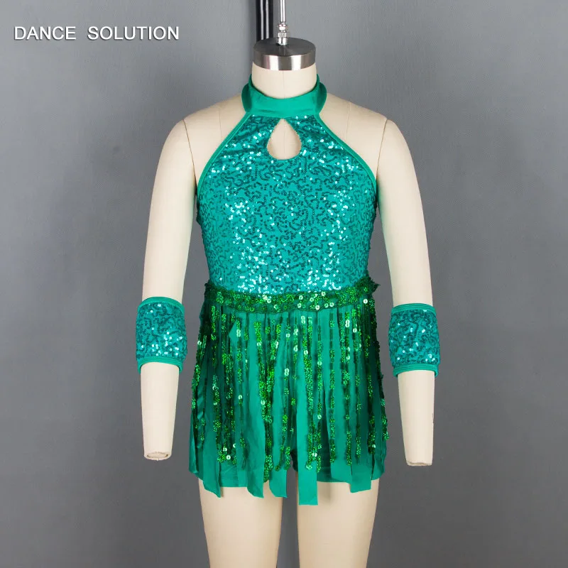 Зеленое блестящее платье с юбкой трико костюм для джаза детей и взрослых танцев