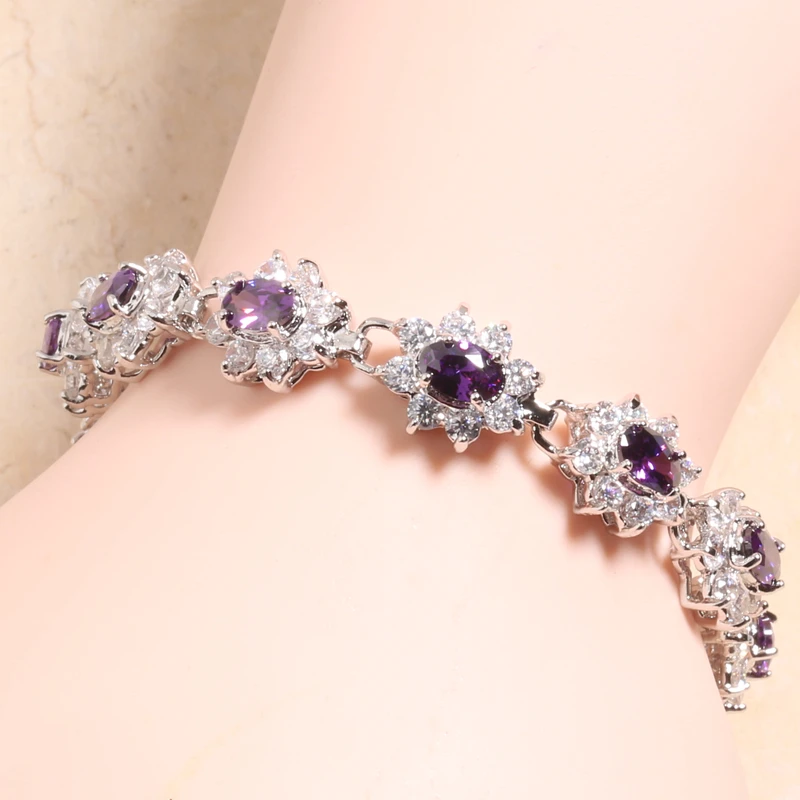 

Elegant Purple White Zircon Silver Plated Argent Link Chain Bracelet 7 Inch L10043