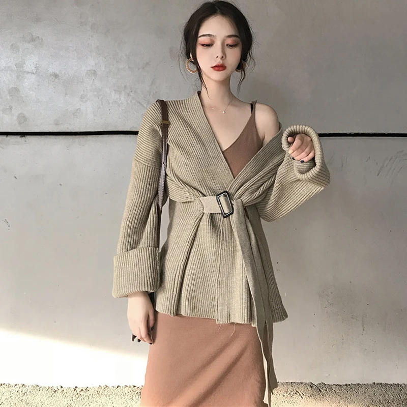 Sexy V-neck Full Sleeve Women Knitted Open Stitch Loose Sashes Sweater Cardigans Elegant Female Jumpers 2019 |