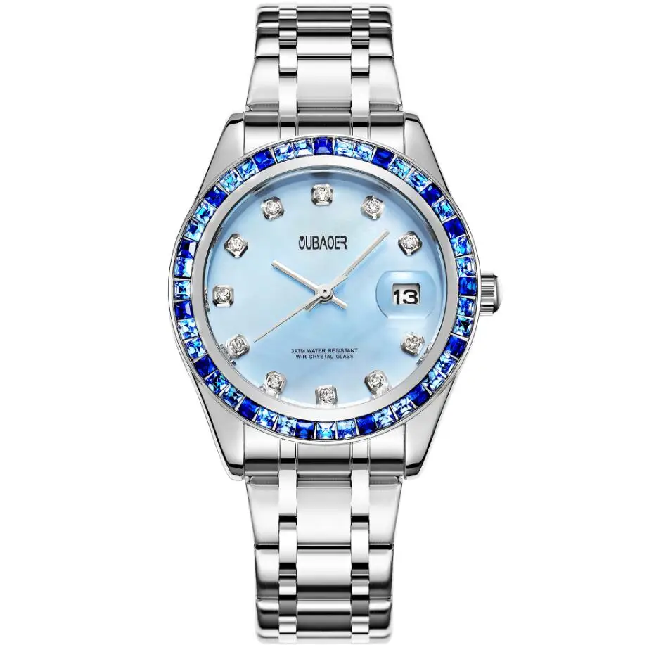 Silver blue OUBAOER Роскошные Брендовые женские часы-браслет женские модные часы с кристаллами под платье водонепроницаемые женские кварцевые часы XFCS Montre Femme - Цвет: Silver blue