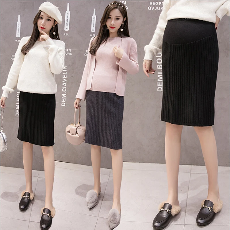 Одежда для беременных юбка черное шерстяное платье зимняя вязаная элегантная