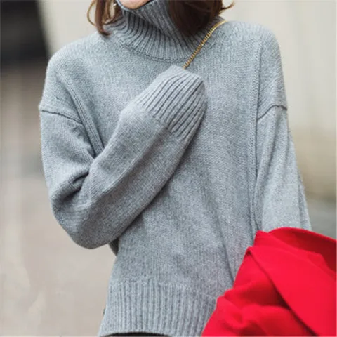 light grey Новое поступление чистый кашемир толстый вязаный женский модный водолазка Свободный пуловер свитер сплошной цвет M-XL - Цвет: light grey