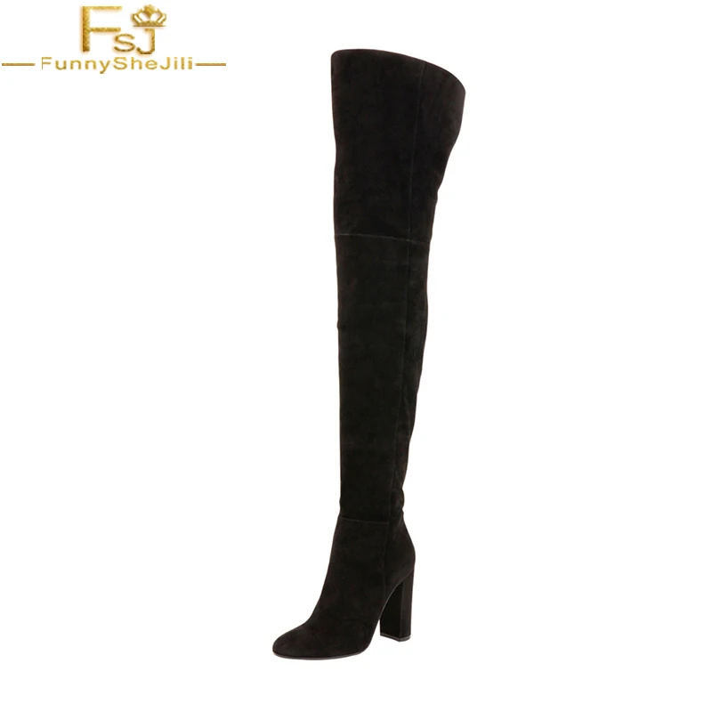 

FSJ Fashion 2021 Winter Black Handmade Over The Knee High Boots Leather Round Toe Bootie High Thick Heels Work Dress Casual 4-16