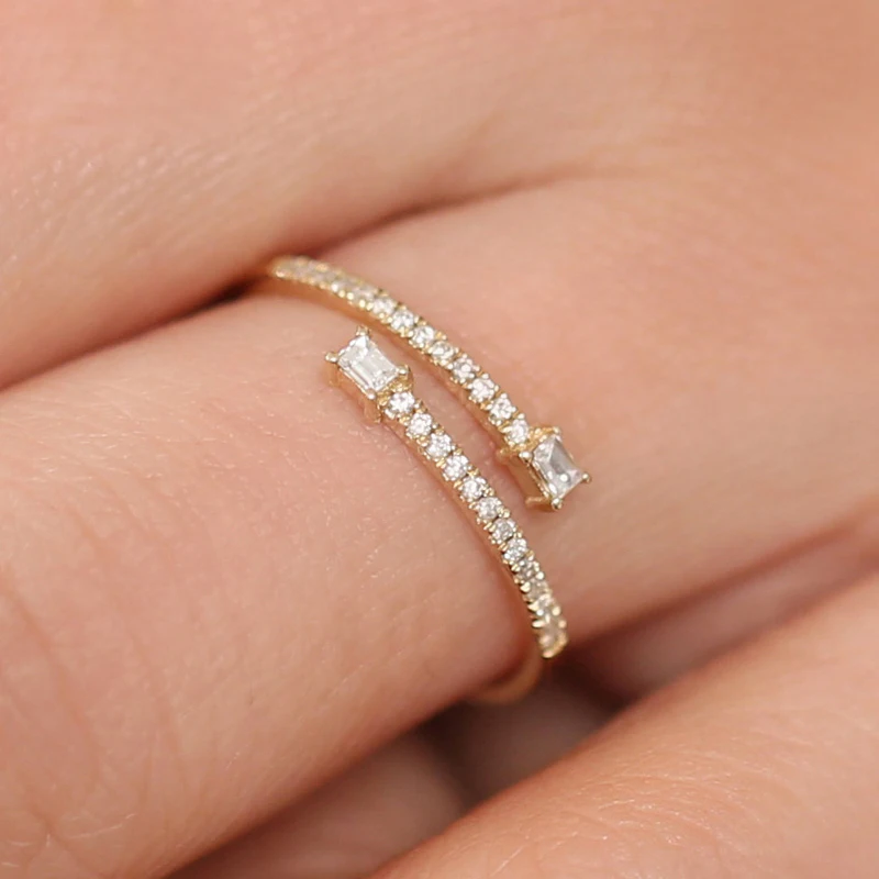 

0.24ctw Double Baguette Bypass Ring Two Stone Diamond Ring with Round Cut Diamond 14K Solid Gold Real Fine Ring For Women