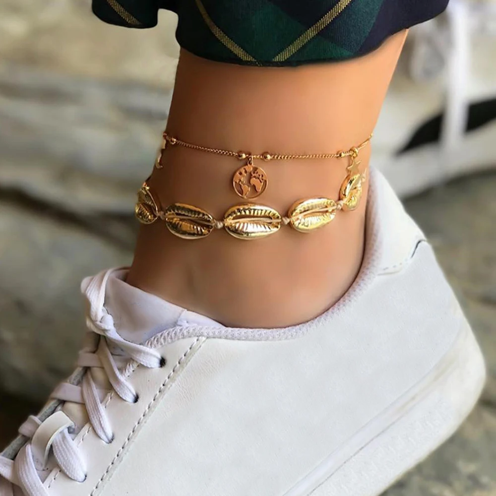 2 шт./компл. Женская мода Звезды Луна карта мира оболочки Кожаный Плетеный ножной