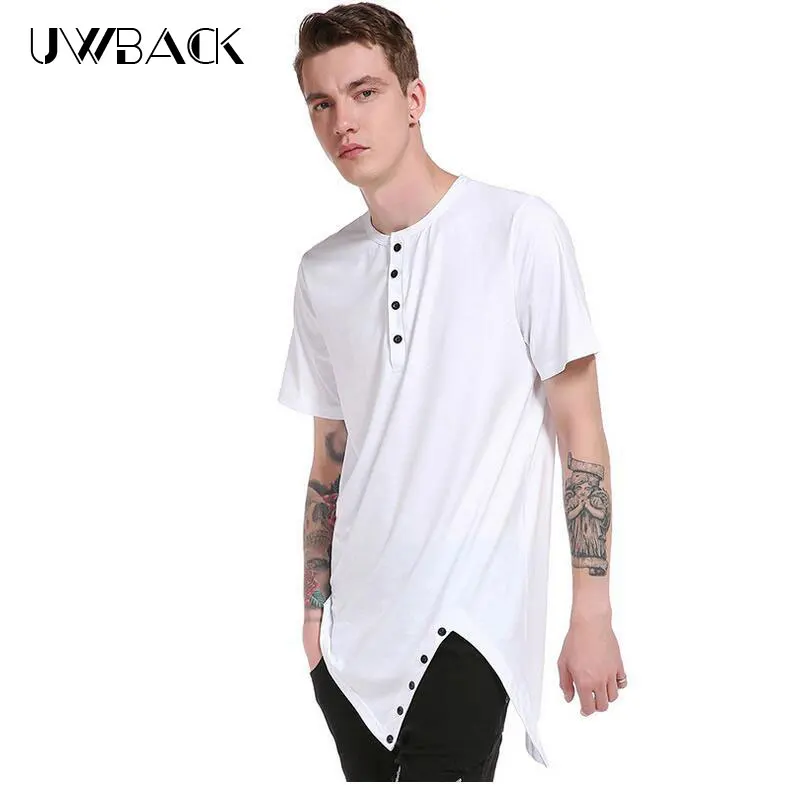 LILL | Men Casual T Shirts Black Button Longline Hip Hop T-Shirt Short Sleeve Summer Loose Top Tees White Irregular XAA023 Мужская