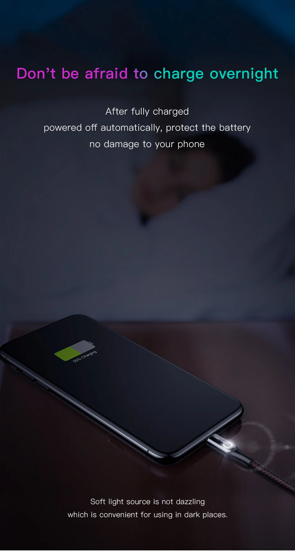 Светодиодный usb-кабель Baseus для iPhone XS Max, XR, X, 8, 7, 6, 6S Plus, SE, автоматическое отключение, 2.4A, кабель для быстрой зарядки, кабель для передачи данных