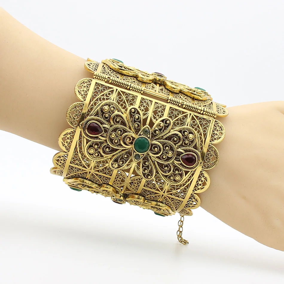 Этнический женский супер размер цветок смола браслет манжета античный золотой