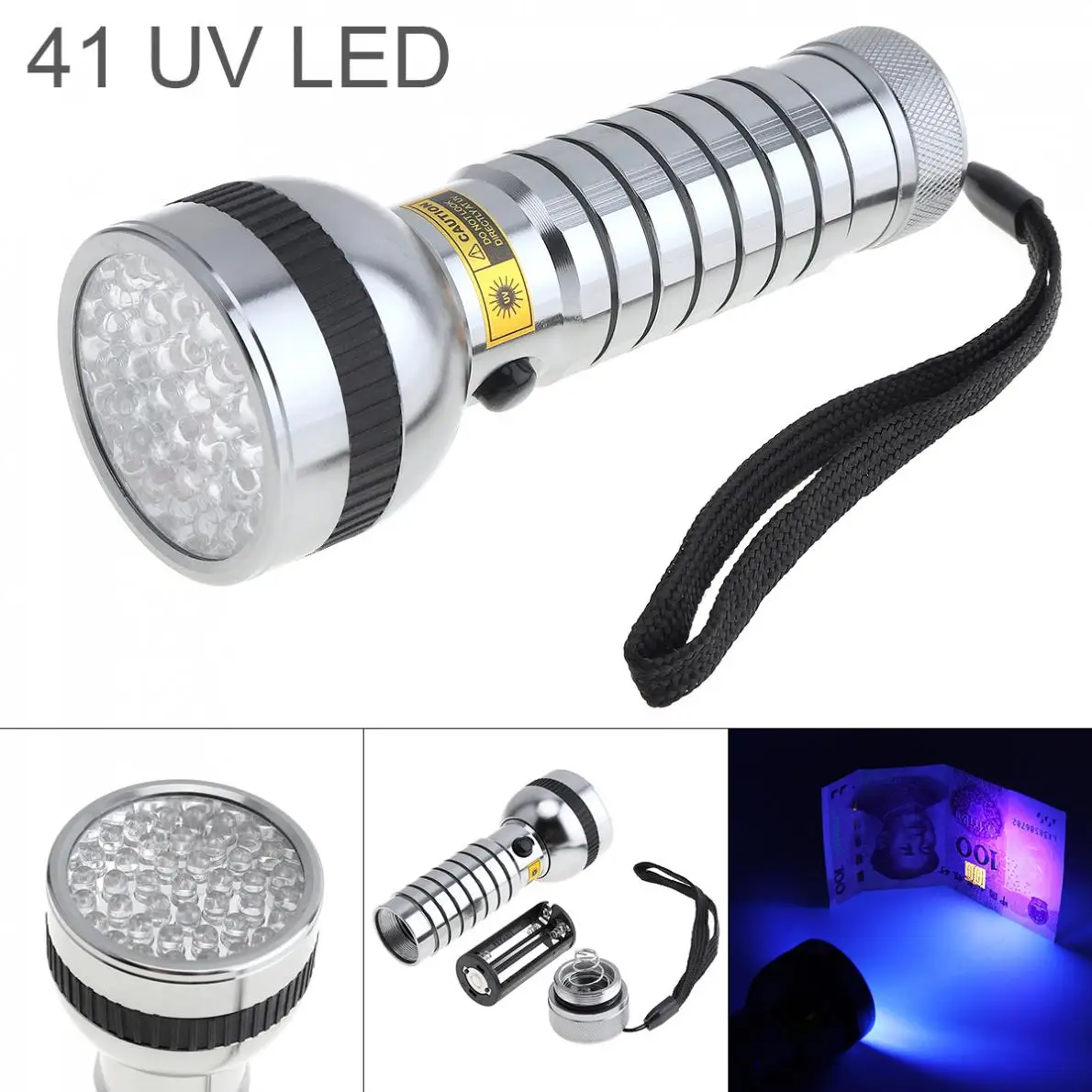 

Aluminum Alloy 395nm 41 LED UV Flashlight Support 4 x AAA Batteries for Fluorescent Agent Detection / Money Detector