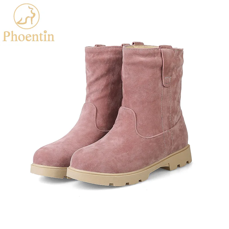 Pink Phoentin/розовые зимние сапоги женские сапоги из флока до середины икры без шнуровки с плюшевой подкладкой женская зимняя обувь платформа 2 см, плоская подошва, каблук FT168 - Цвет: Pink