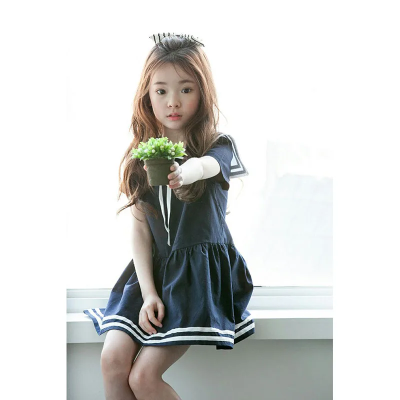 Preppy Girls Clothes Teen Dresses Summer Spring 2022 New Little Big Girl Sailor Collar A-line Dress For Kids White Blue | Детская одежда