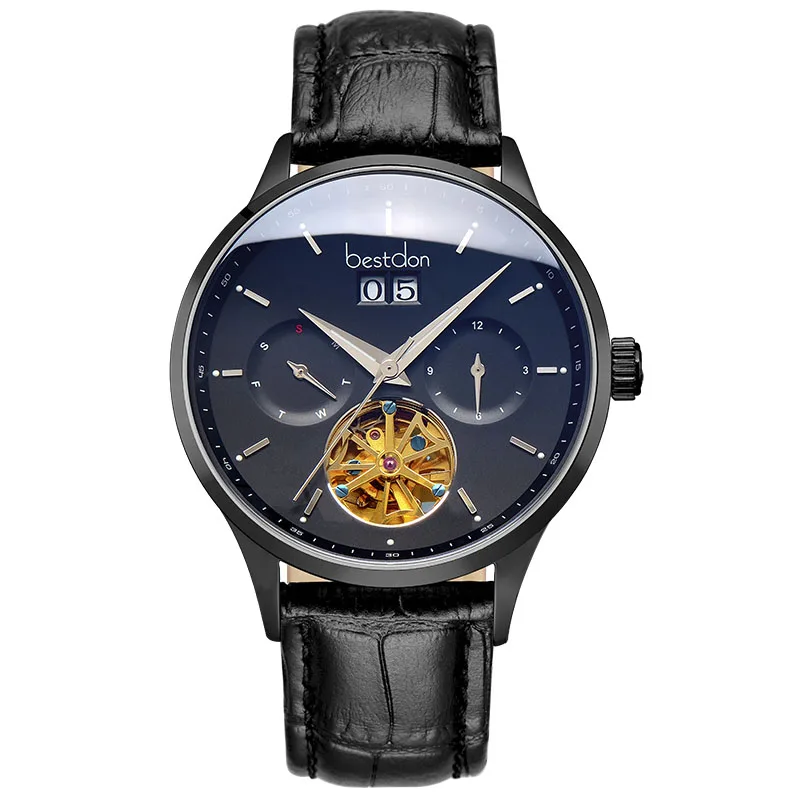 Black-black-leather Bestdon изогнутые механические часы для мужчин швейцарский Топ люксовый бренд автоматические часы водонепроницаемые Blu-Ray Relogio Masculino 7143-7 - Цвет: Black-black-leather