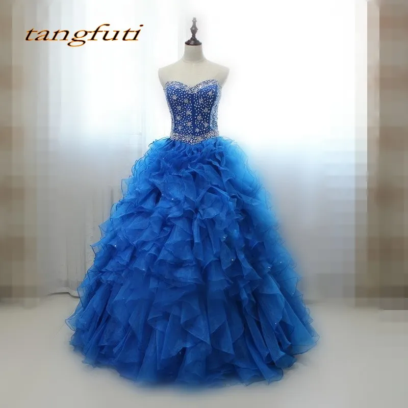 Королевский синий Quinceanera платья Сладкие 16 Принцесса органза Кристалл бисера